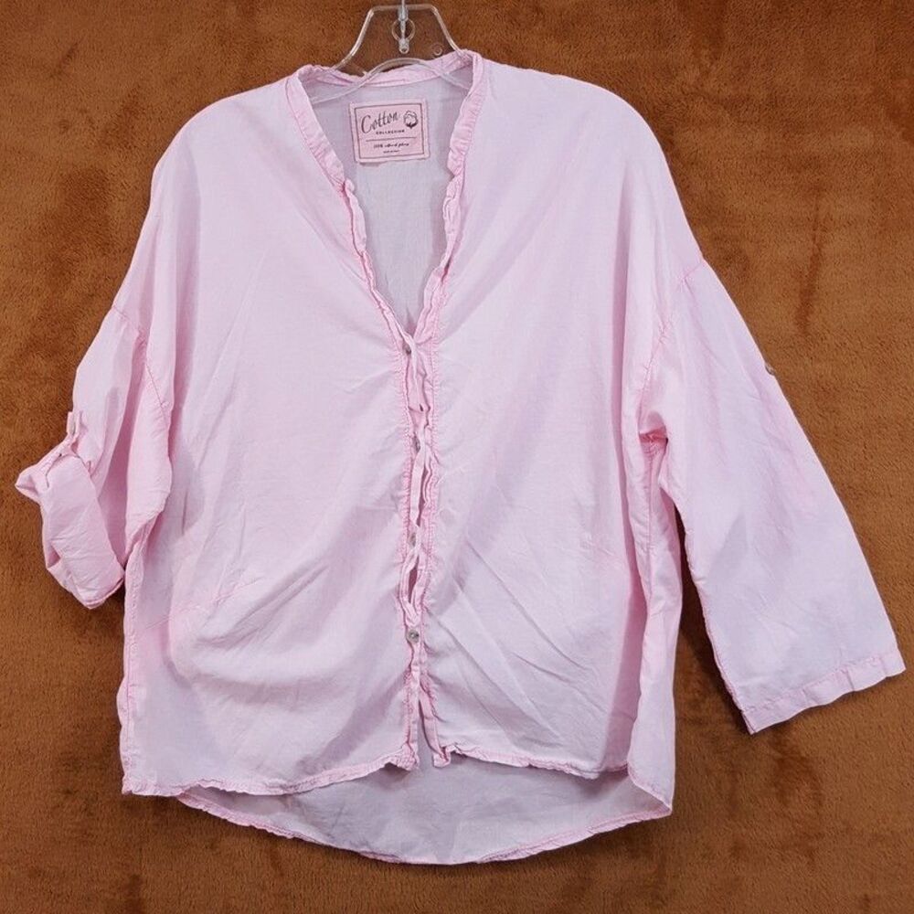 COTTON COLLECTION Top Womens Large Pink Button Up Shirt Roll Tab Sleeve ITALY